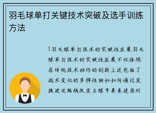 羽毛球单打关键技术突破及选手训练方法
